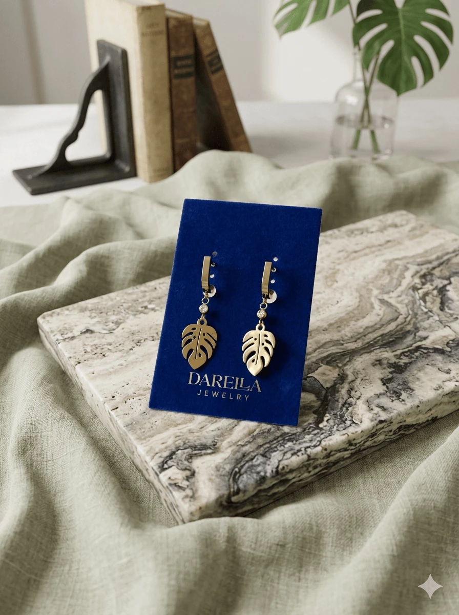 "Monstera" yarpağı dizaynlı qızılı sırğalar