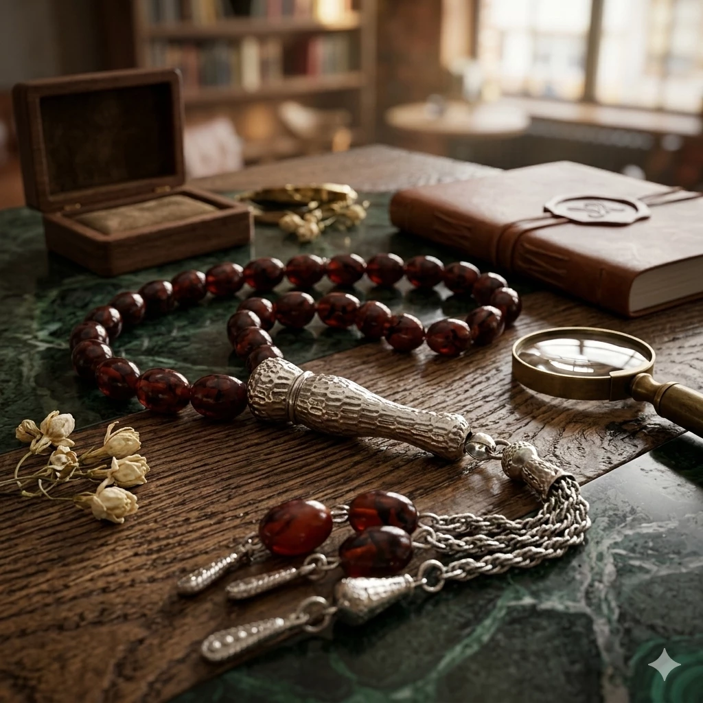 Premium Tünd Albalı Rəngli Təsbeh – Gümüşü Detallı