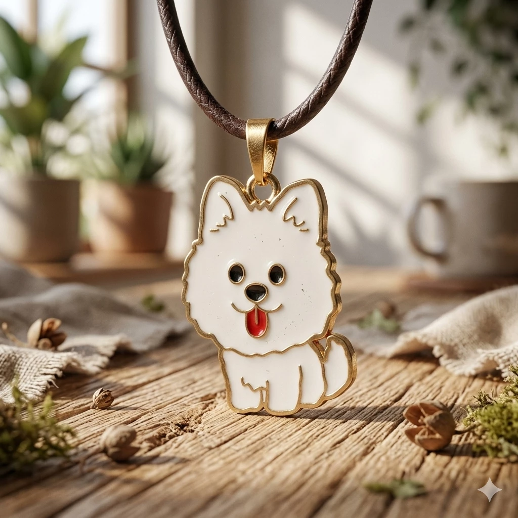 Ağ rəngli sevimli it kulonu ilə dəri boyunbağı