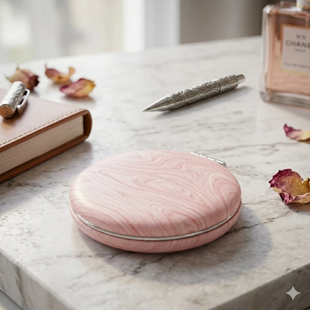 Çəhrayı Mərmər Naxışlı Kompakt Güzgü