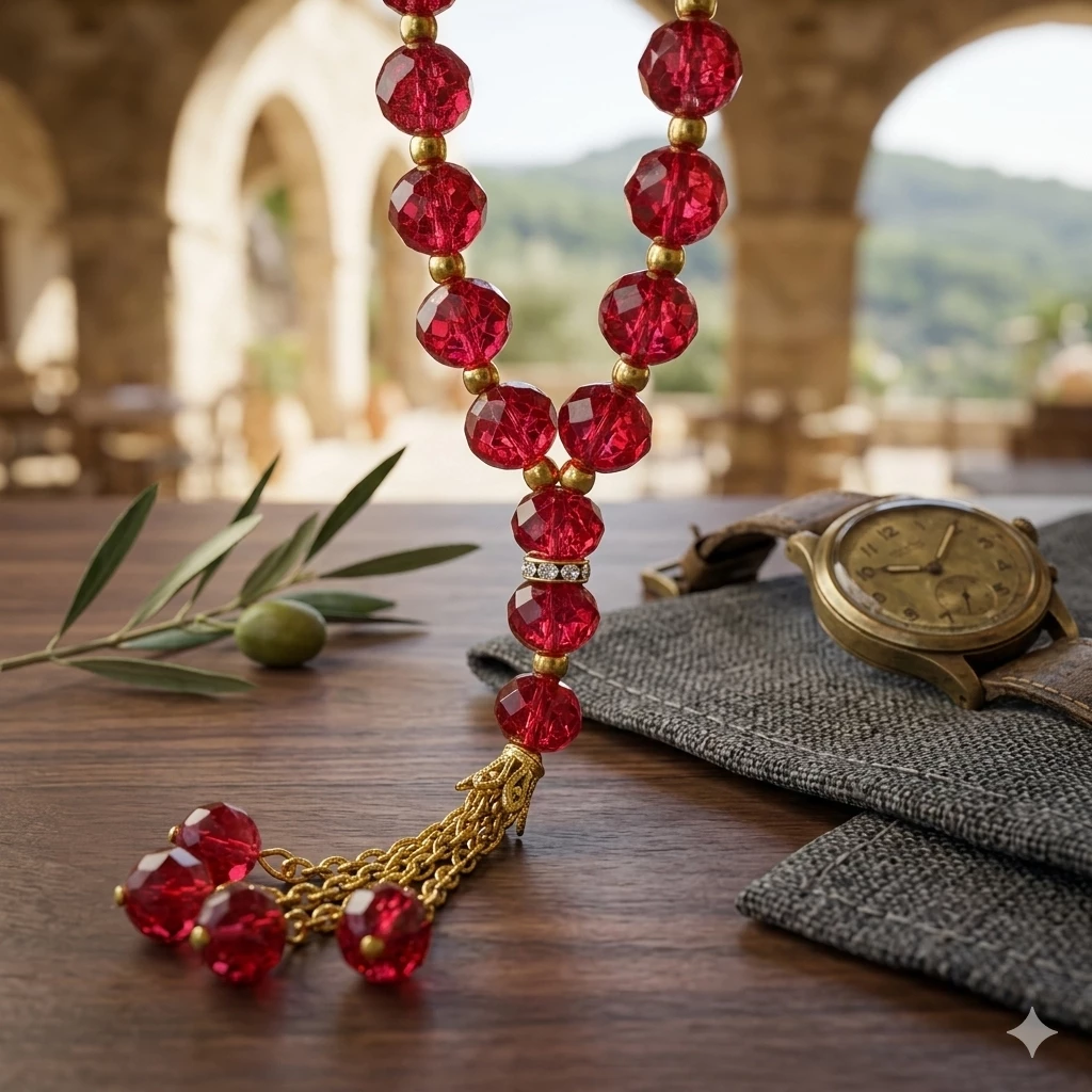 Premium Kristal Təsbeh – Yaqut Rəngli Zərif Dizayn