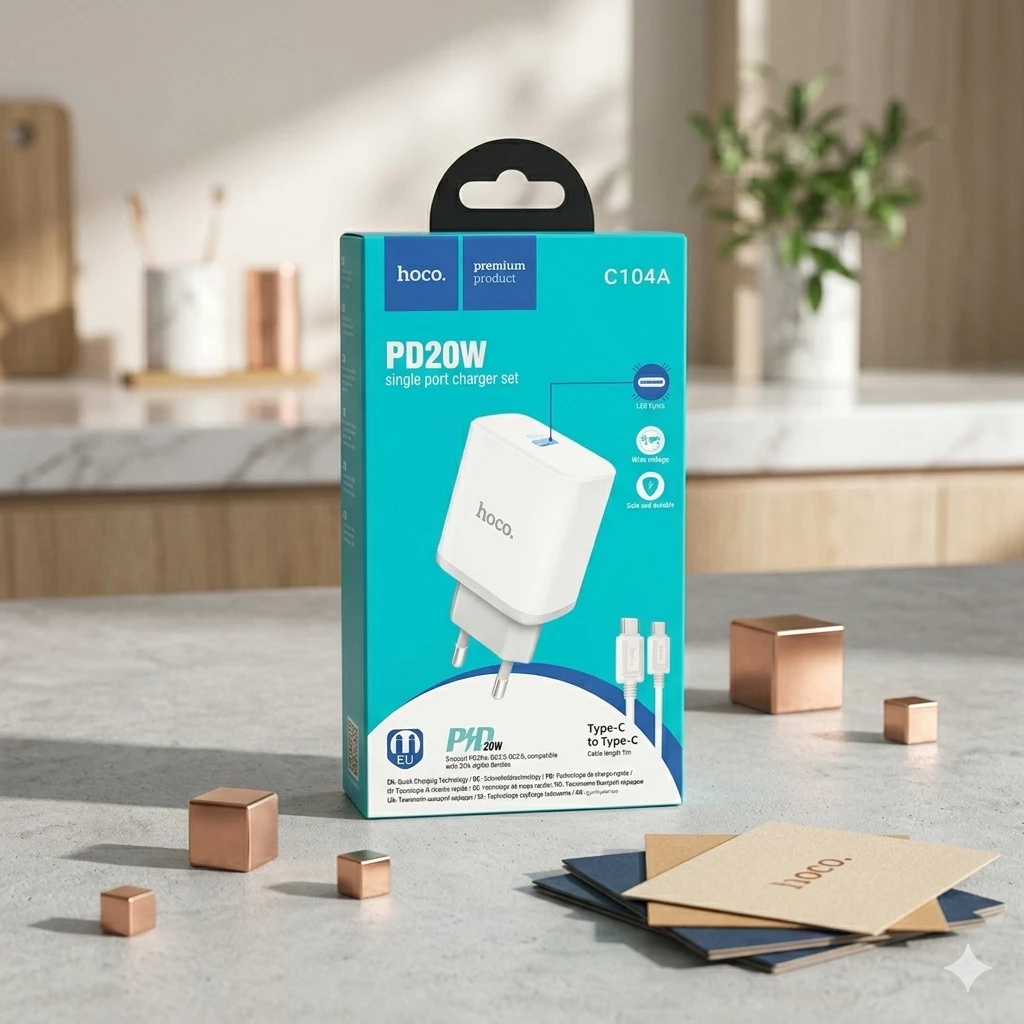 Hoco C104A PD 20W Sürətli Şarj Cihazı və Type-C Kabel Dəsti - White