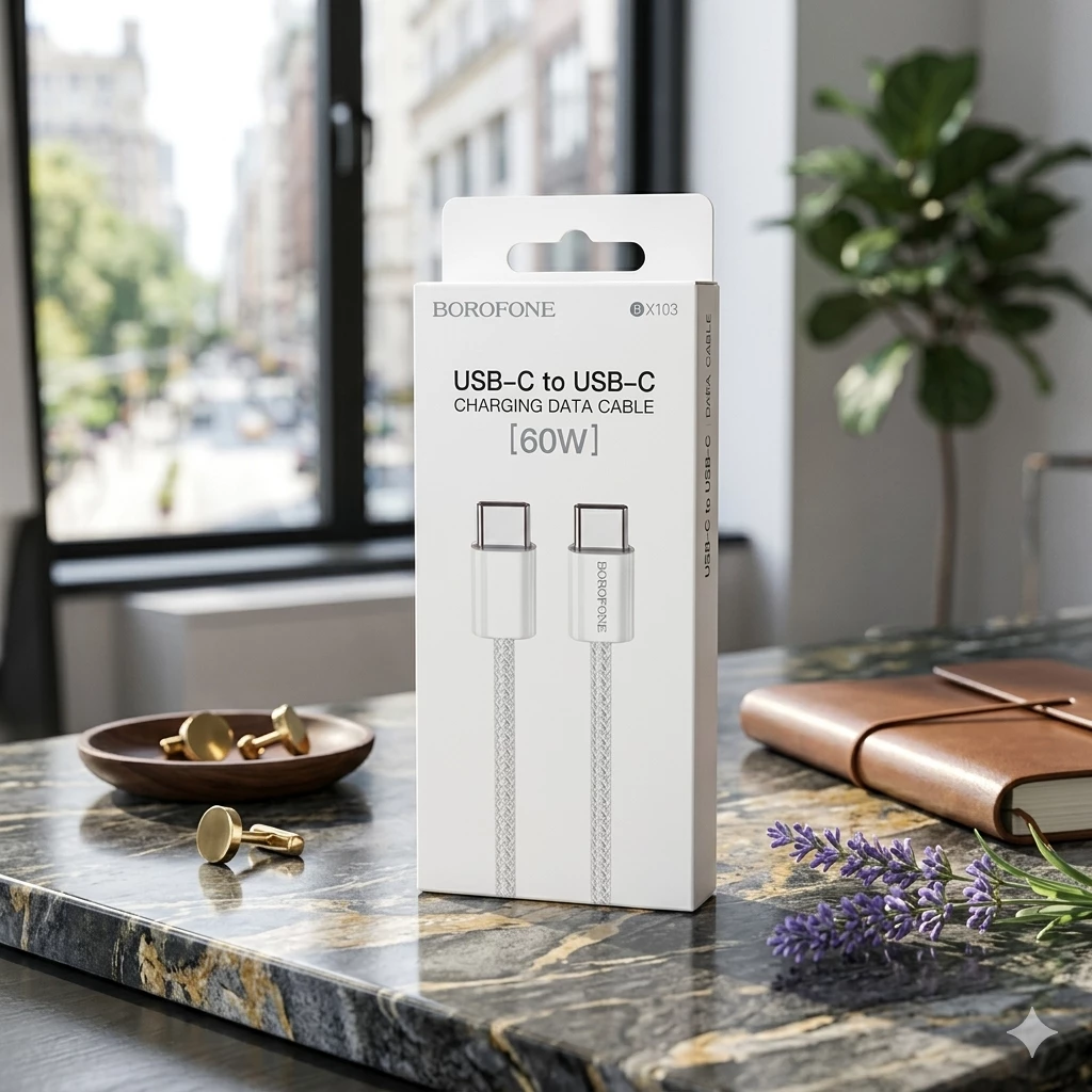 Borofone BX103 USB-C to USB-C (60W) sürətli şarj kabeli Ag rəngdə